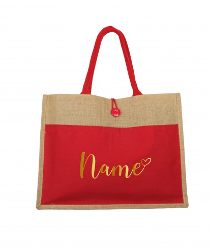 Personalised Jute Bag with Red Canvas Pocket 